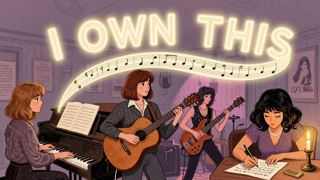 Five pioneering 1970s women musicians connected by glowing sheet music, each in their own iconic setting.