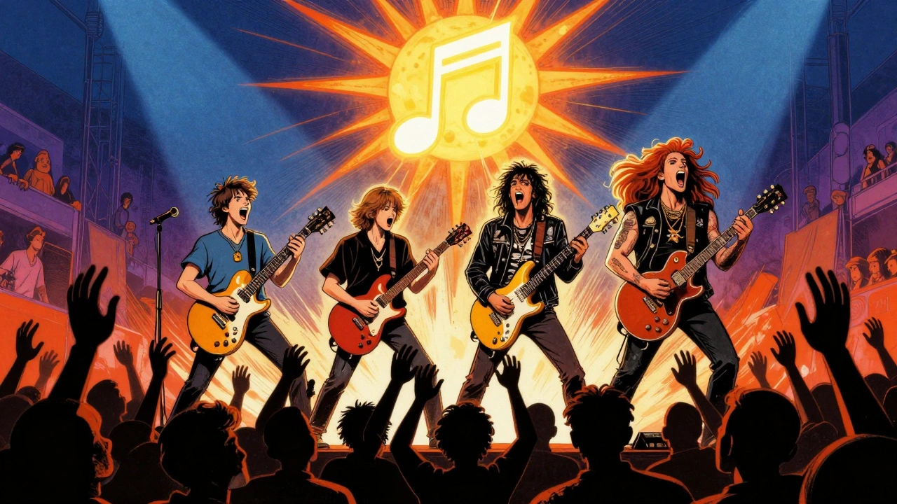 Foo Fighters performing 'Everlong' on stage, crowd blurred behind them, a glowing chorus radiating above.