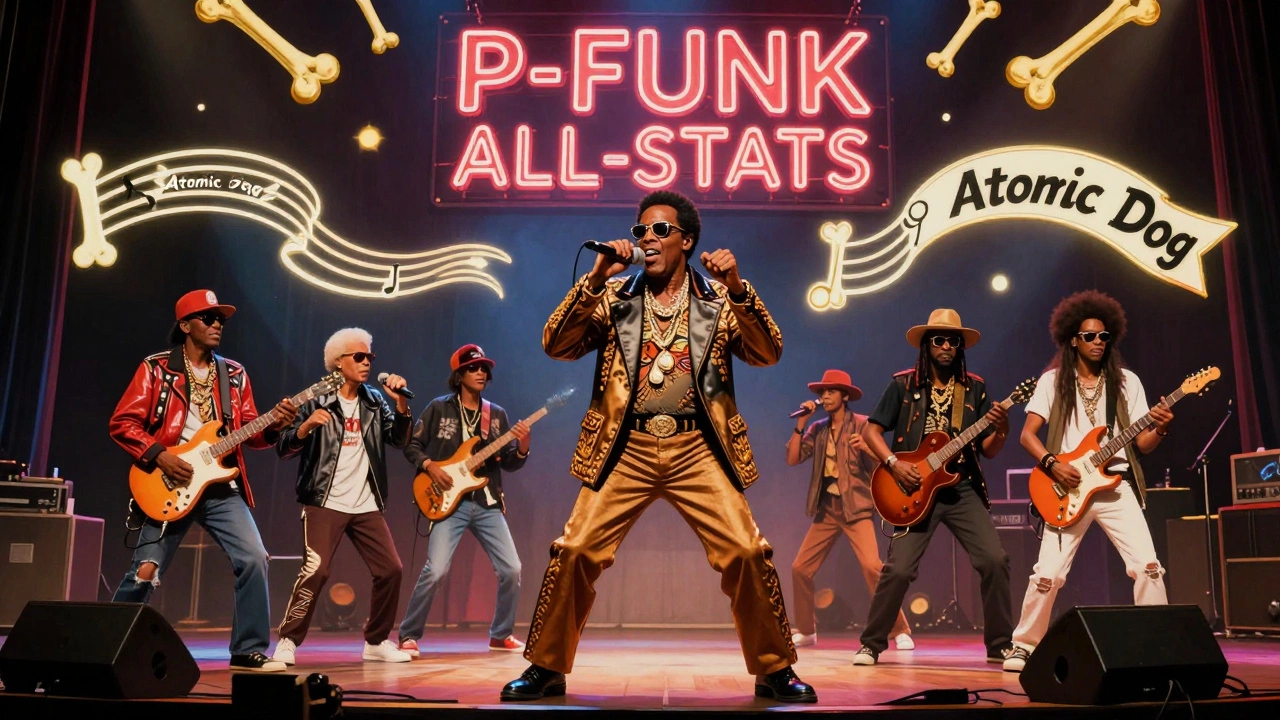 George Clinton and the P-Funk All-Stars performing on stage with floating hip-hop samples and golden dog bones.