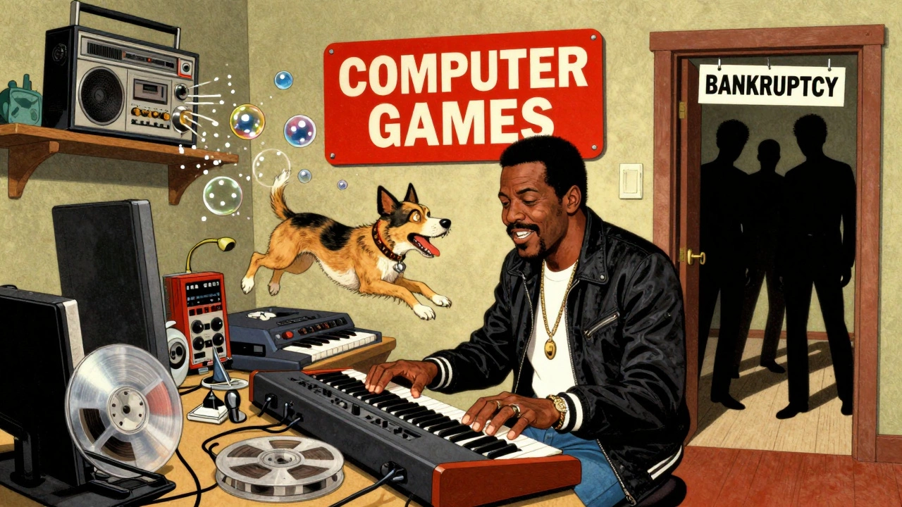 George Clinton in a messy studio, releasing 'Computer Games' as a barking dog emerges from a tape machine.