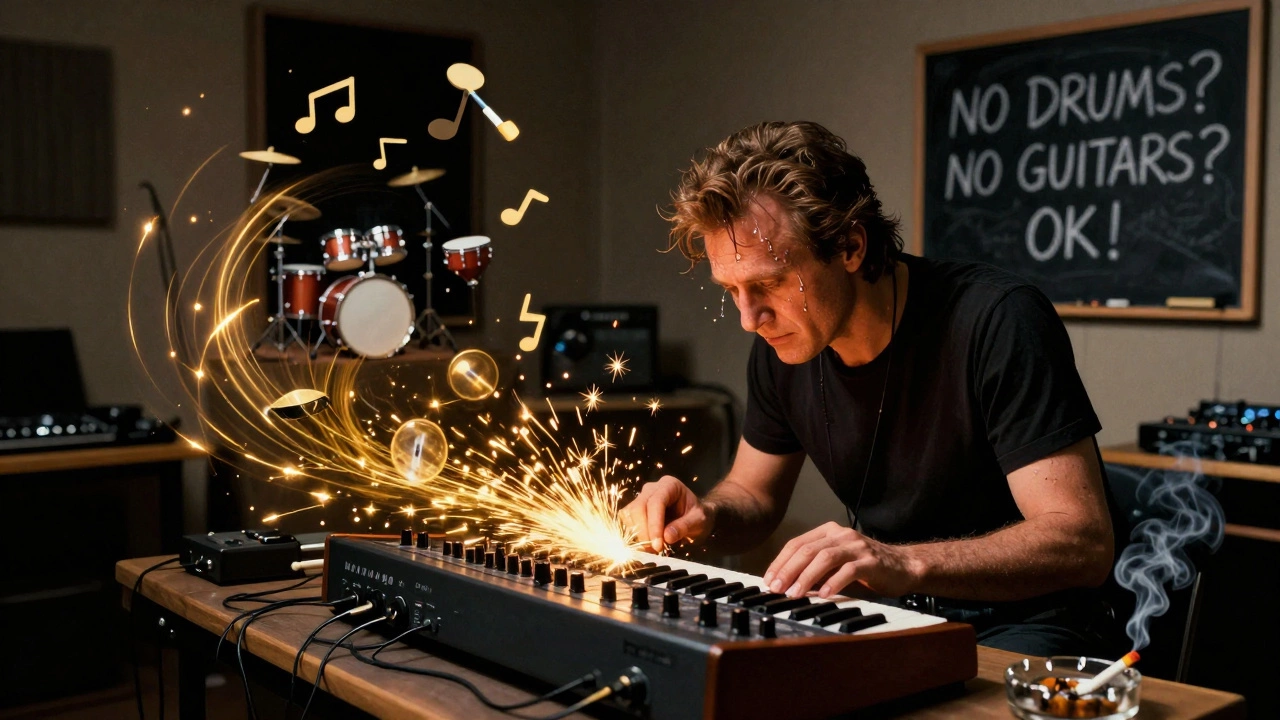 Giorgio Moroder in a studio, sparks flying from a delay pedal as sound waves turn into electronic instruments.