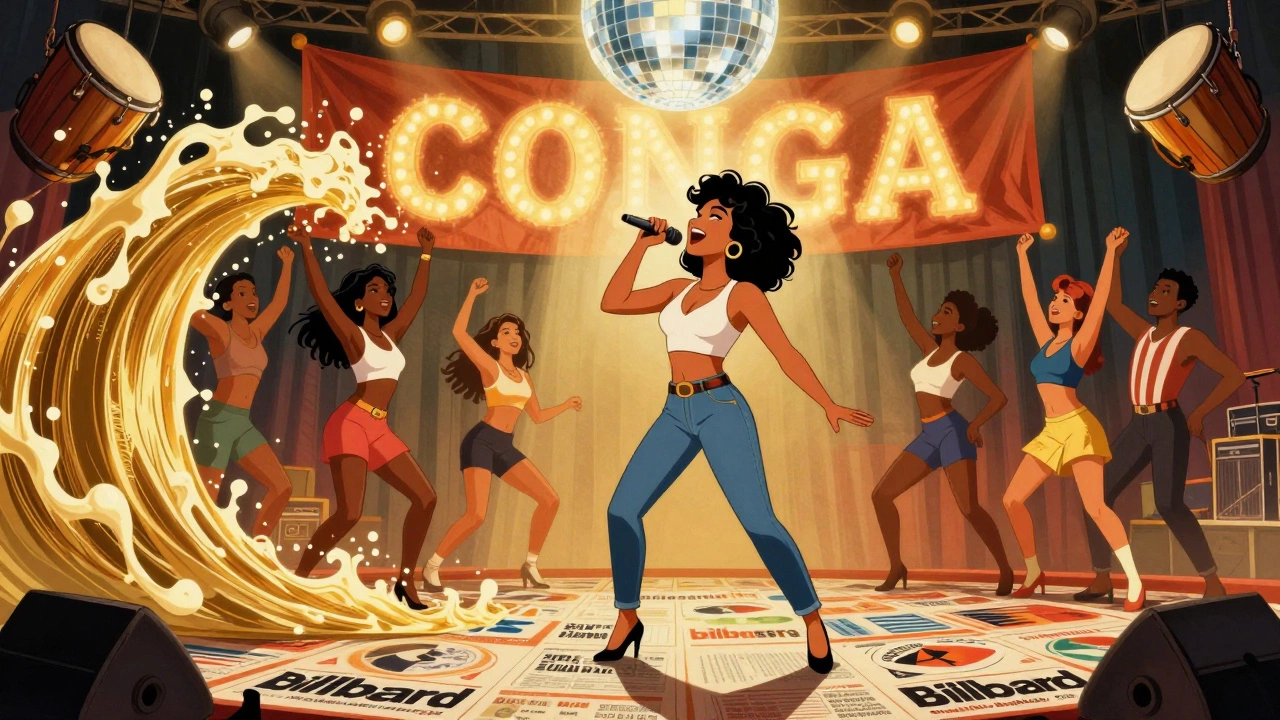 Gloria Estefan on a stage of charts, her rhythm lifting dancers as Cuban drums float around her.