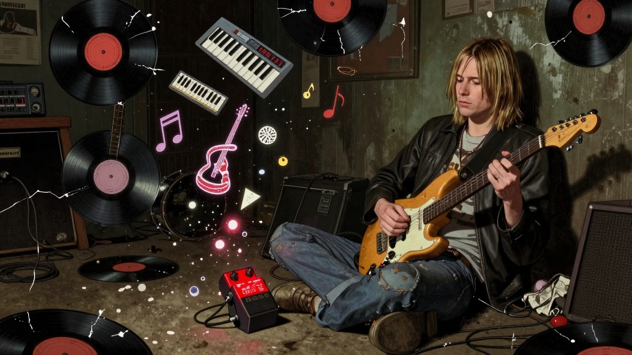 Grunge band in a basement with 1980s synth elements turning into falling vinyl records.