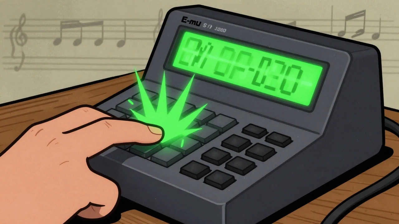 Hand operating retro sampler with glowing green pixelated display screen