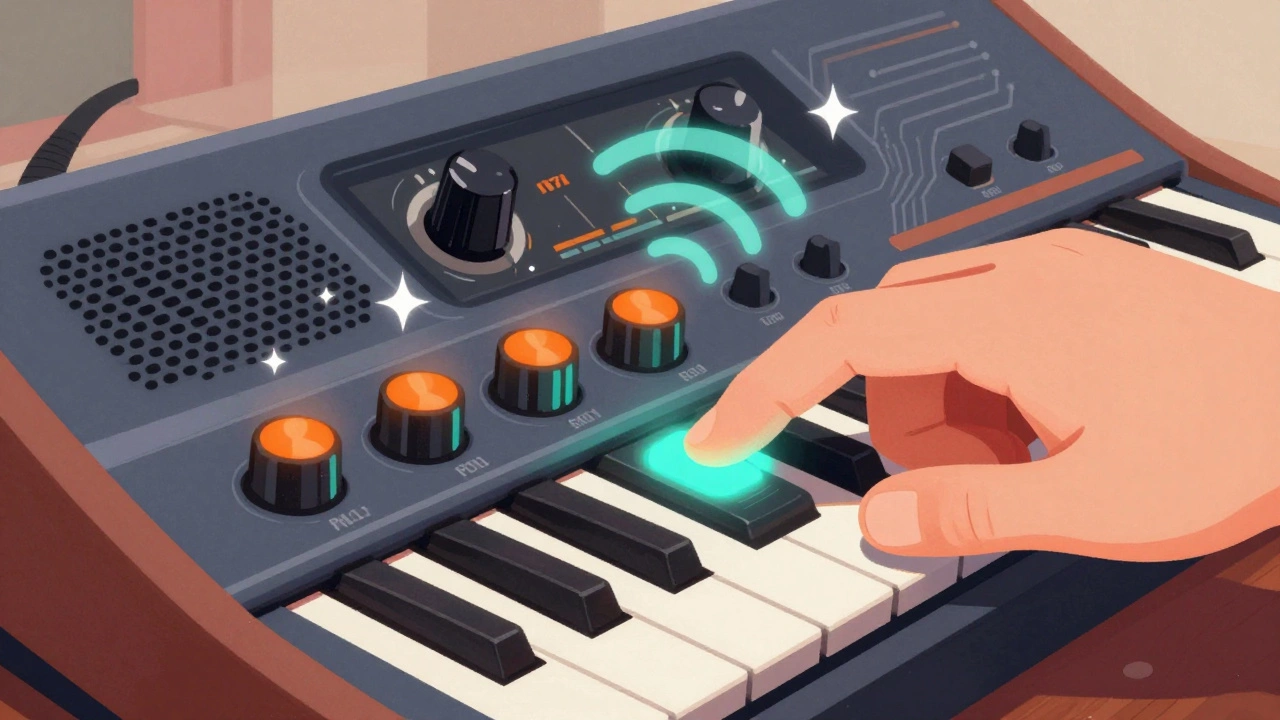 Hand pressing recall button on vintage synthesizer.