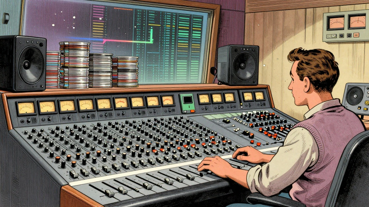 Illustrated mastering engineer at mixing console connecting vinyl era to digital future