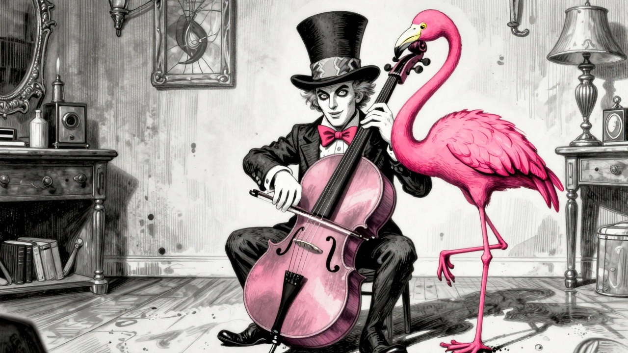 Illustrated rock musician playing a pink flamingo cello.