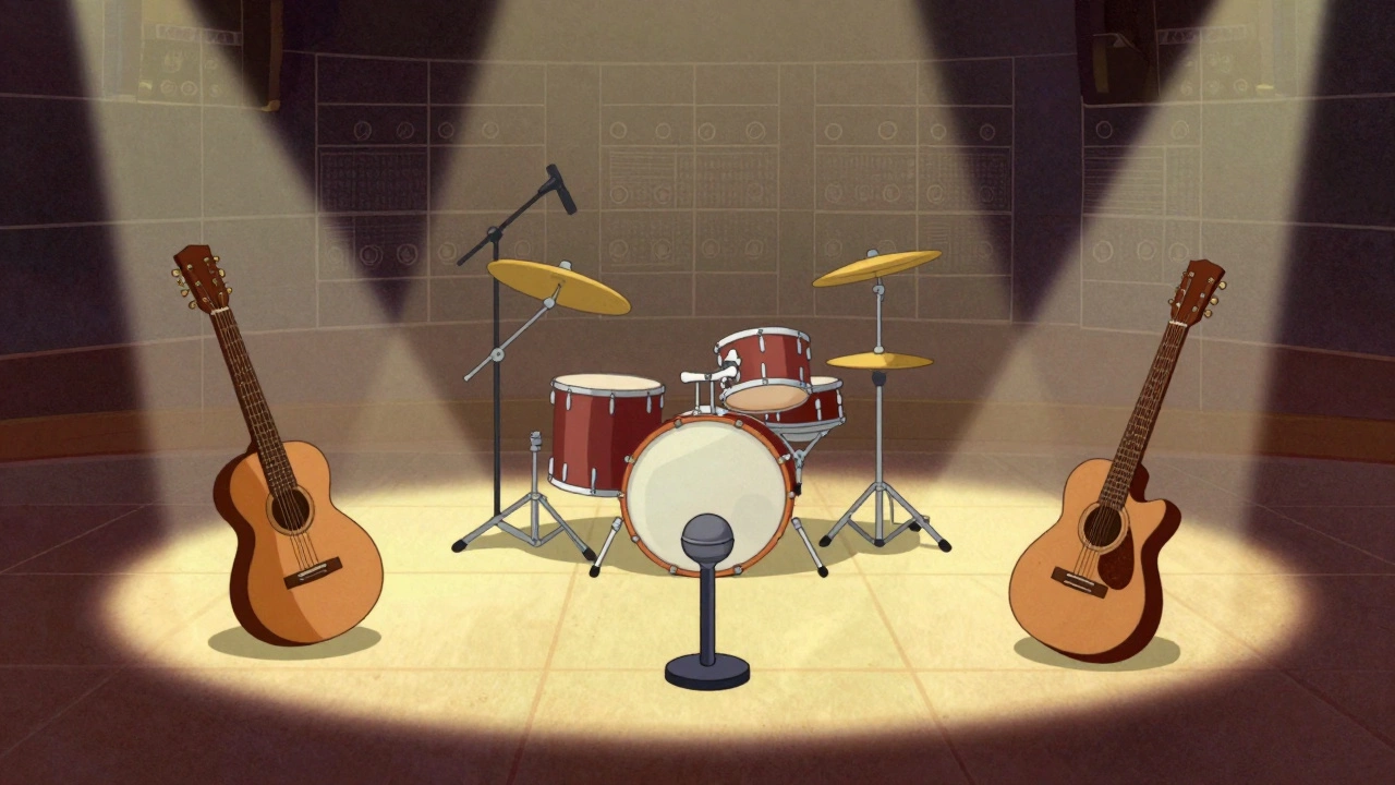 Illustration of musical instruments floating in 3D space with varying clarity