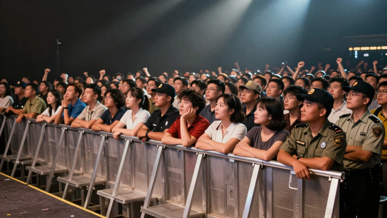 Illustration of security watching crowd near stage barriers during performance.