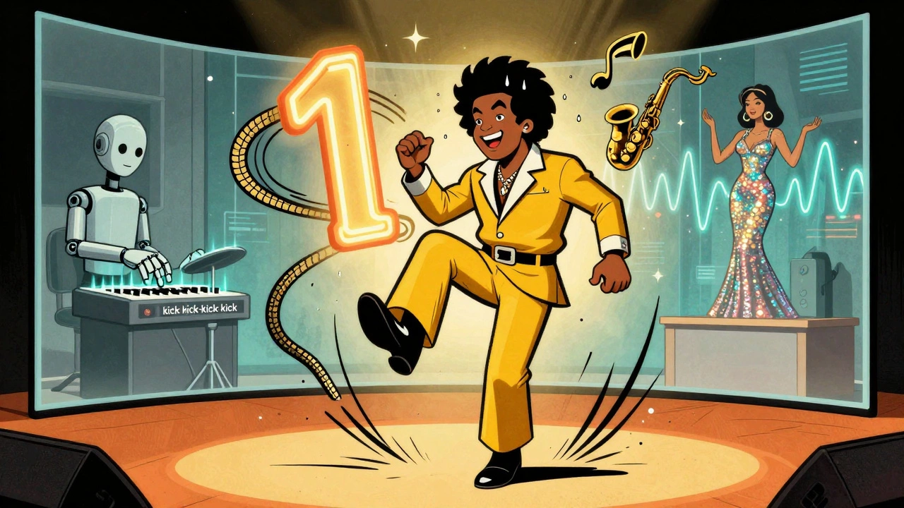 James Brown mid-performance with glowing 'one' beat, contrasted with a robotic disco studio and Donna Summer floating above.