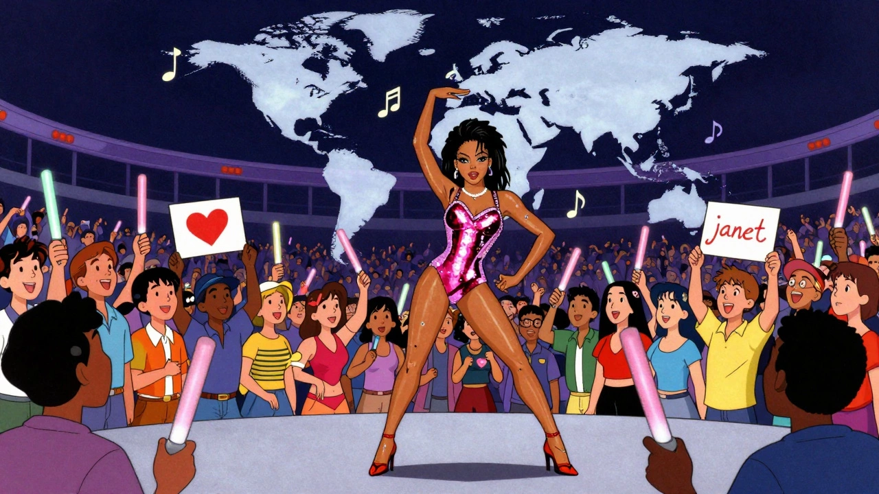 Janet Jackson performing at Wembley Arena in 1993, surrounded by international fans holding glow sticks and musical notes shaped like continents.