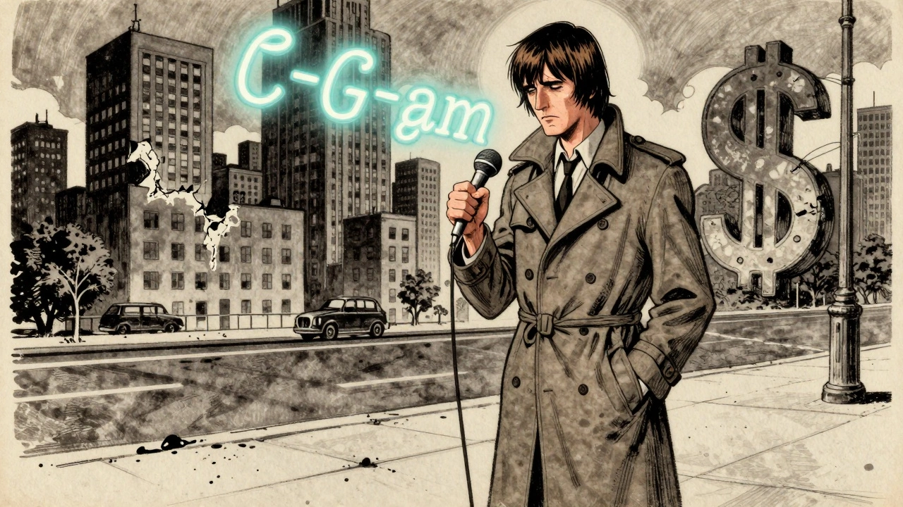 Jarvis Cocker stands alone on a city street as floating chords glow above him, buildings turning into dollar signs.