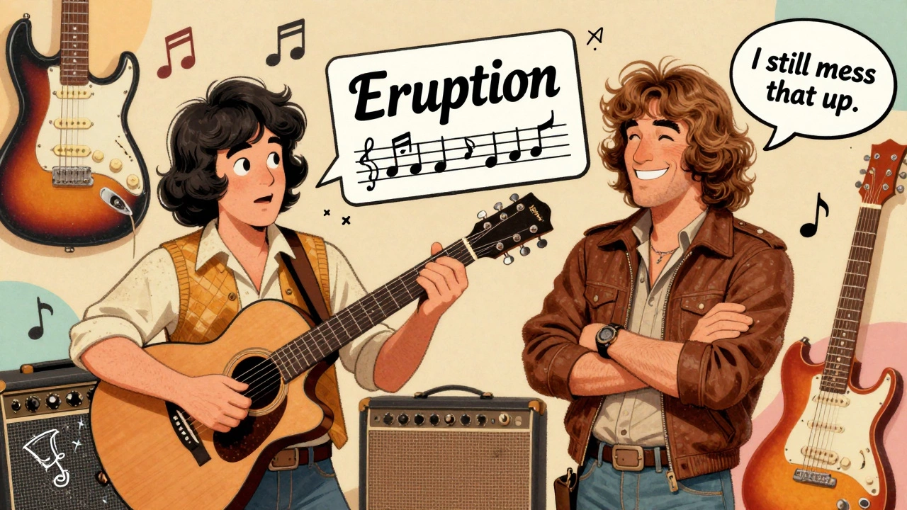 Journalist struggling with a guitar as a legendary guitarist smiles, a famous riff floating between them.