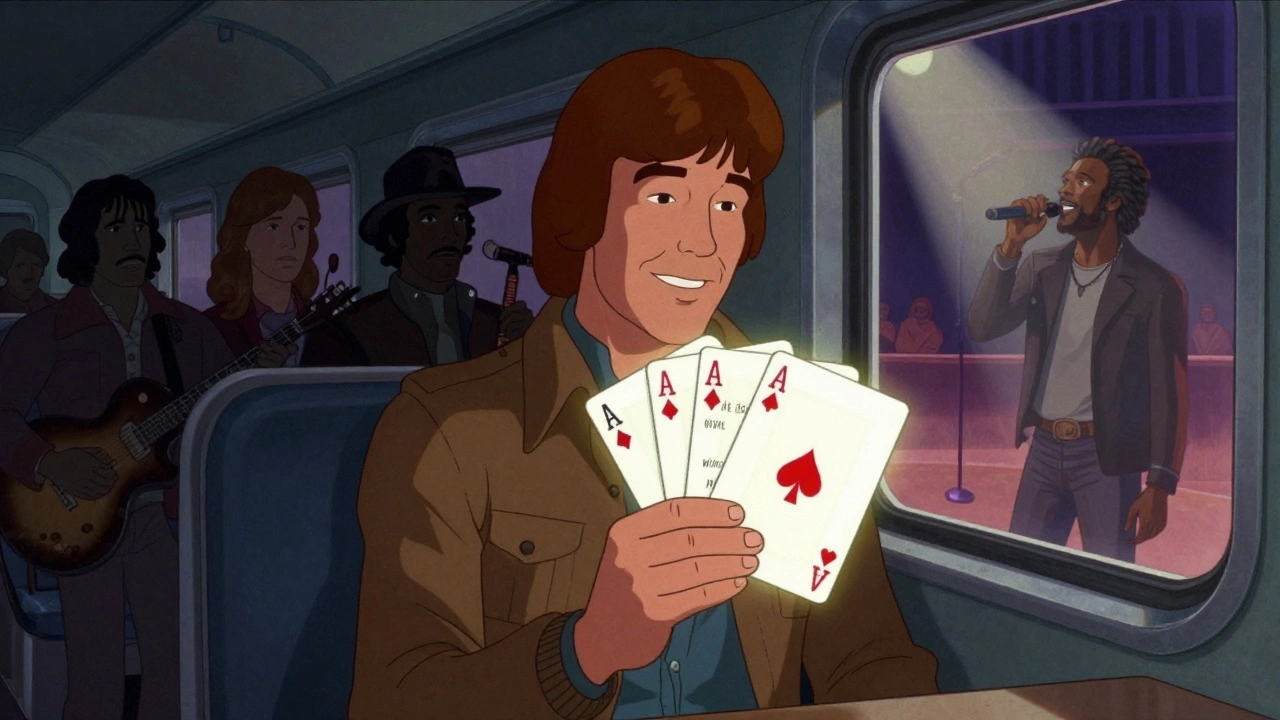 Kenny Rogers as The Gambler on a train, passing wisdom to modern country artists, with Charley Pride reflected in the window.