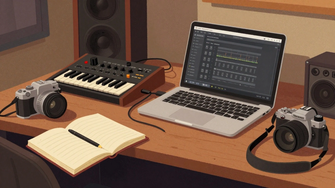 Laptop connected to analog synthesizer on desk.