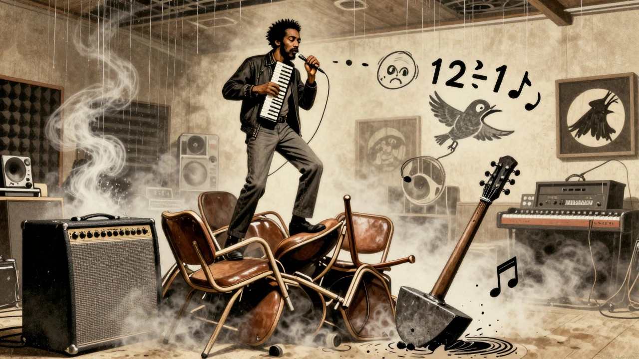 Lee 'Scratch' Perry plays a melodica through an amp in his chaotic Black Ark Studio, surrounded by swirling sound effects.