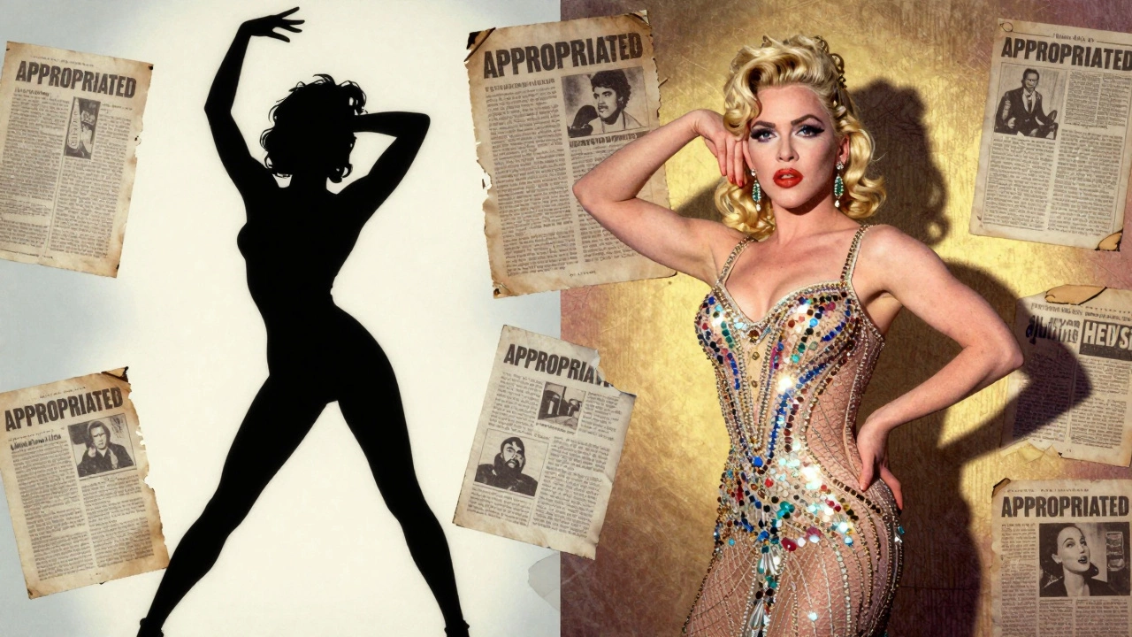 Madonna voguing next to a real ballroom dancer, with faded flyers showing cultural appropriation, one glowing, one shadowed.