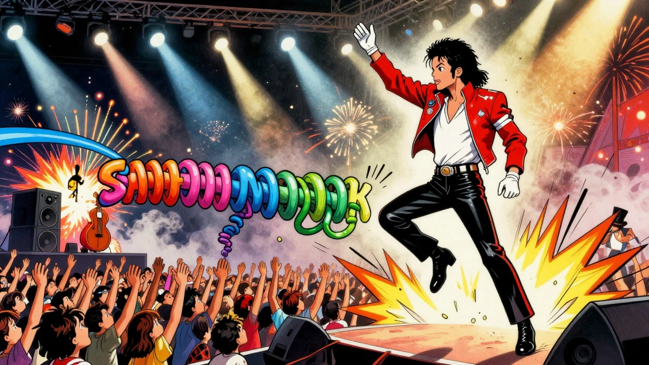 Michael Jackson and Freddie Mercury performing 'State of Shock' with exploding speakers and wild energy.