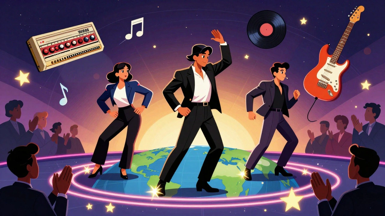 Modern dancers performing jazz funk on stage with floating musical icons and glowing grooves beneath them, audience silhouettes clapping.