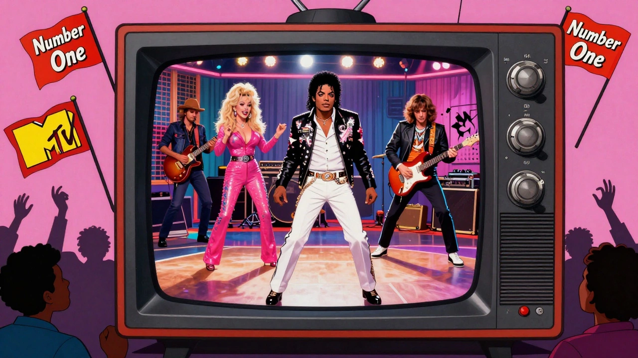 MTV screen broadcasting iconic 80s artists together in a vibrant music video scene.