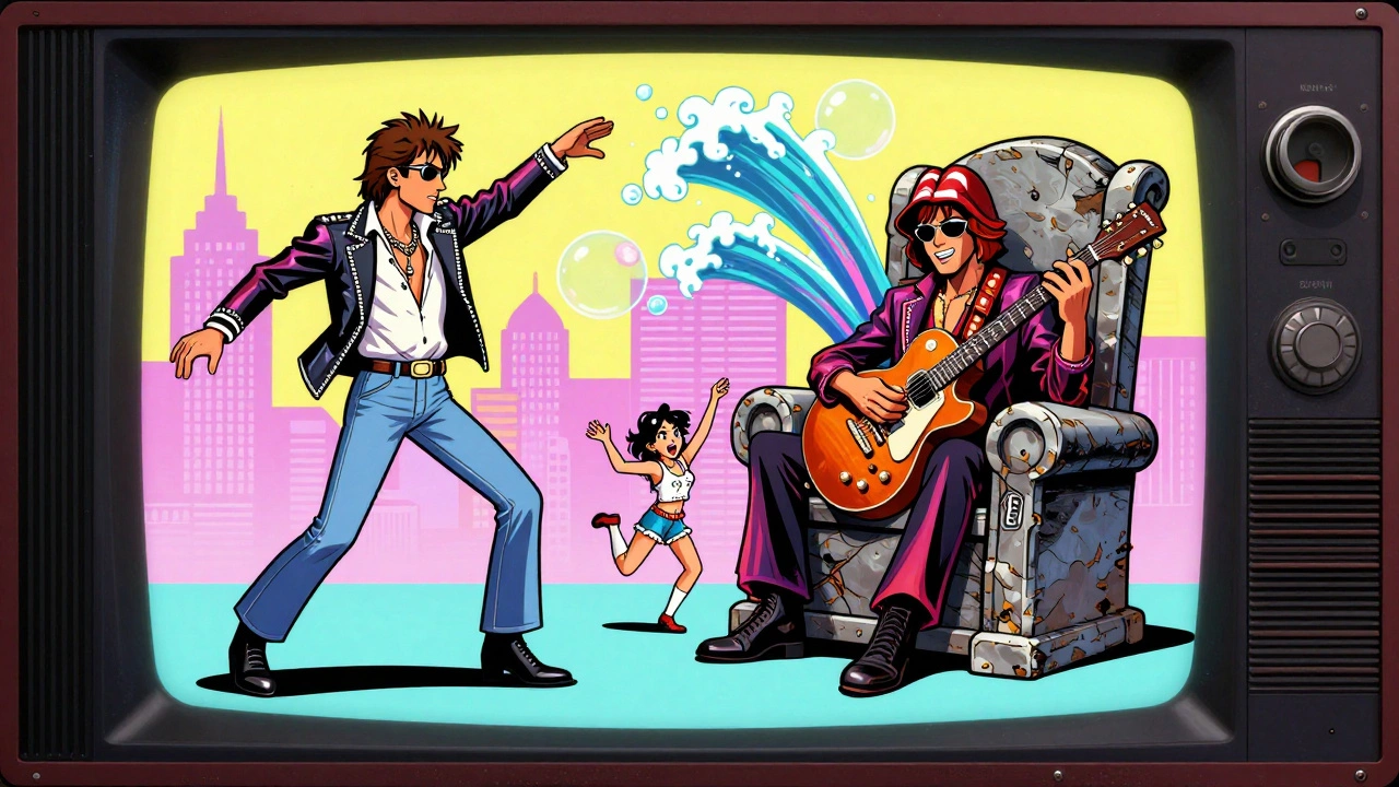MTV screen showing Duran Duran dancing vs Rolling Stones on a throne, with Springsteen and Courtney Cox in cameo.