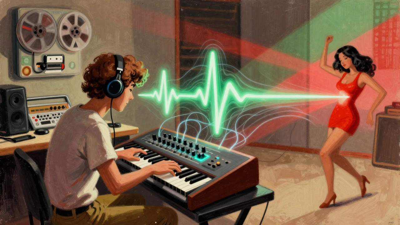 Music producer making disco tracks in vintage studio with glowing synthesizers