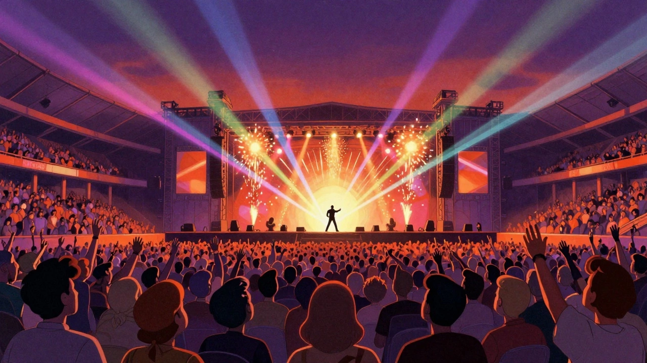 Musician playing guitar in a massive arena with fireworks and lasers.