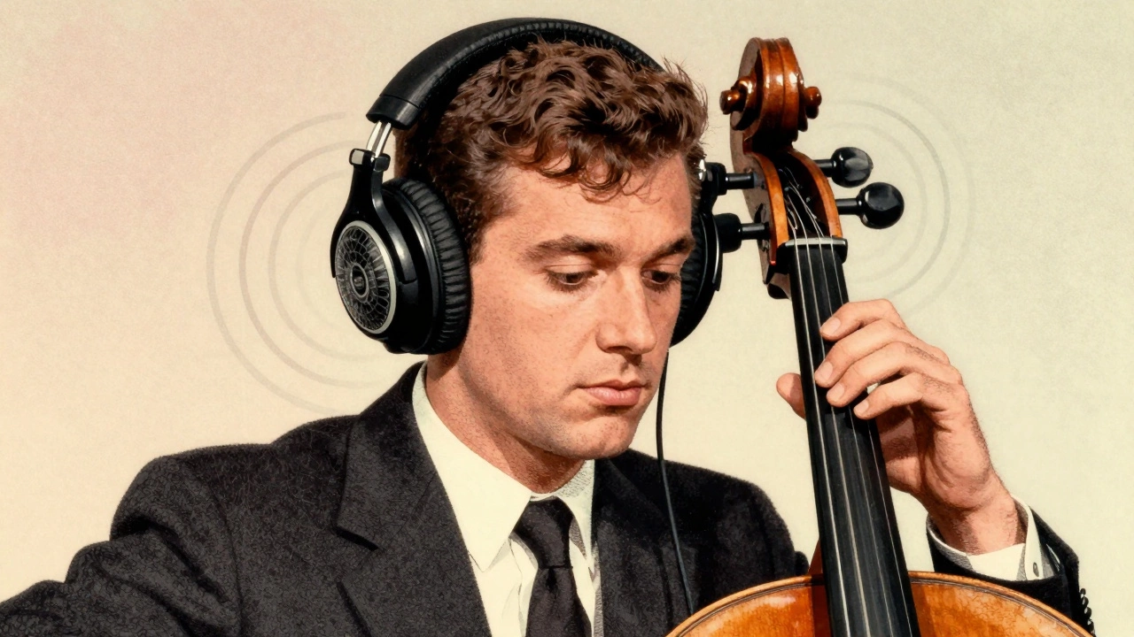Musician wearing headphones playing cello in studio
