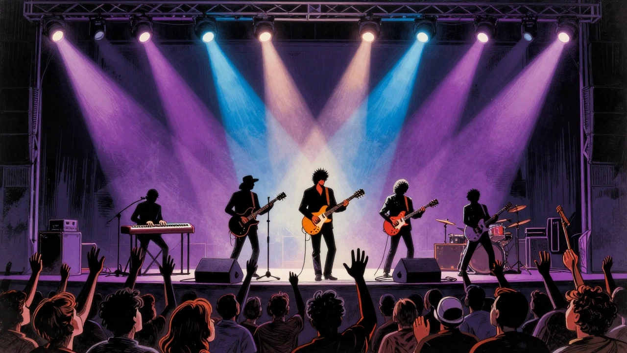 Musicians performing on stage with synthesizers and spotlights in vintage cartoon style.