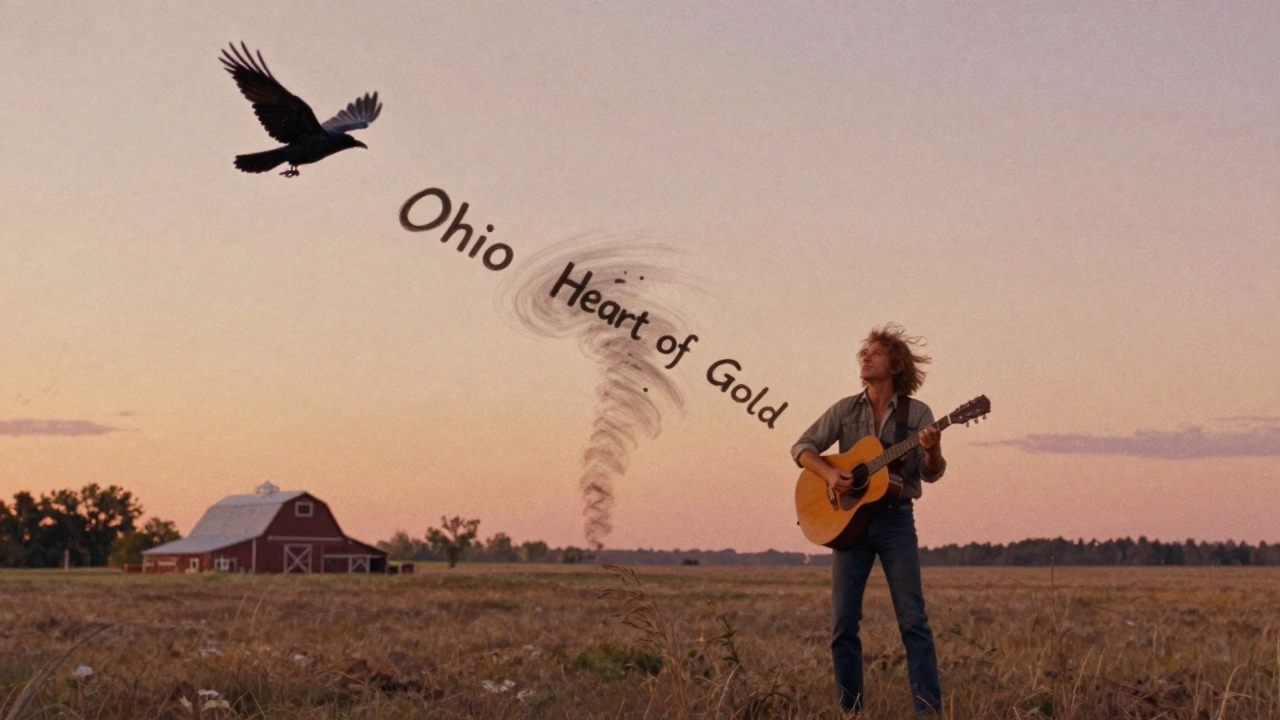 Neil Young alone on an Ontario prairie at sunset, guitar emitting swirling lyrics and feedback, crow flying overhead.