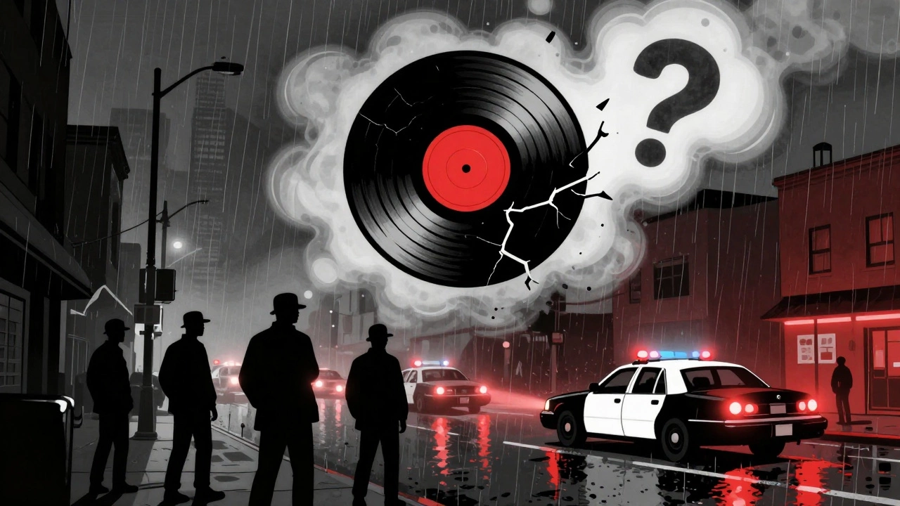 Old comic style drawing of a broken record with police lights reflecting below.