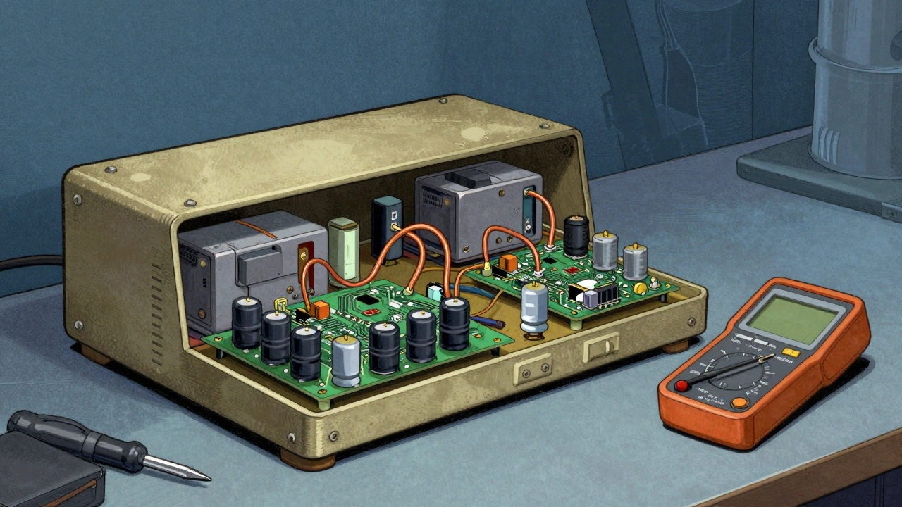 Opened vintage sampler chassis showing internal capacitors on repair table