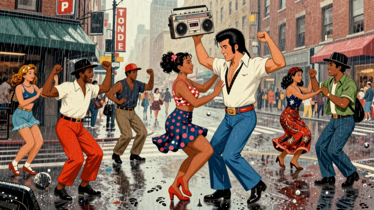 People dance merengue in a New York street, blending hip-hop moves as music blasts from a boombox.