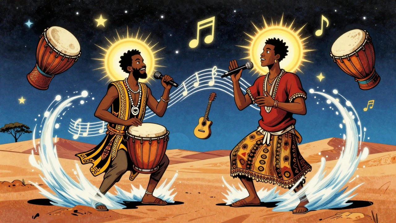 Peter Gabriel and Youssou N'Dour singing together under a starry sky, musical waves blending African and Western sounds.