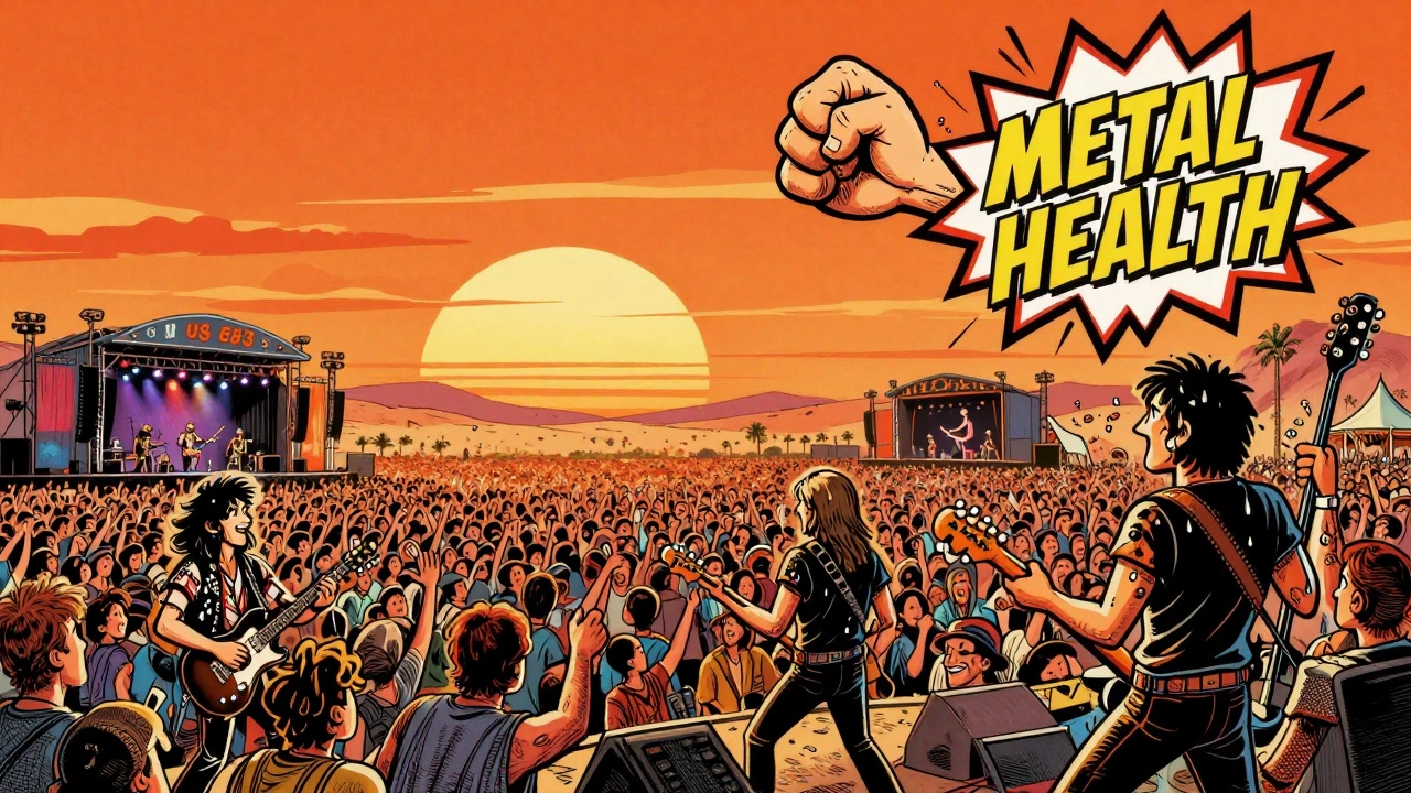 Quiet Riot playing at the US Festival to a massive desert crowd under a sunset, fists punching the sky.