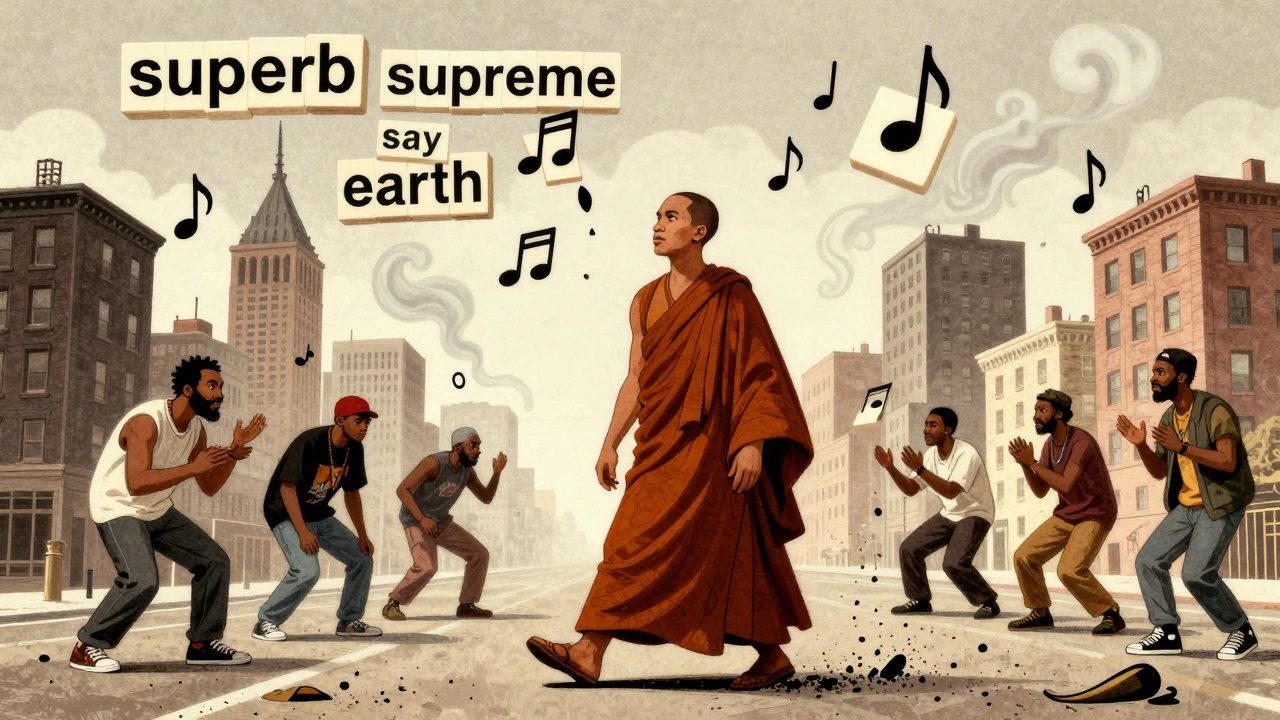 Rakim walking through a city of floating rhymes, each word triggering a chain of layered sounds.