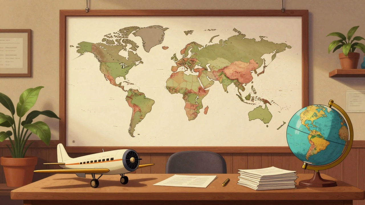 Record label office with world map, globe, and airplane model in vintage cartoon style.