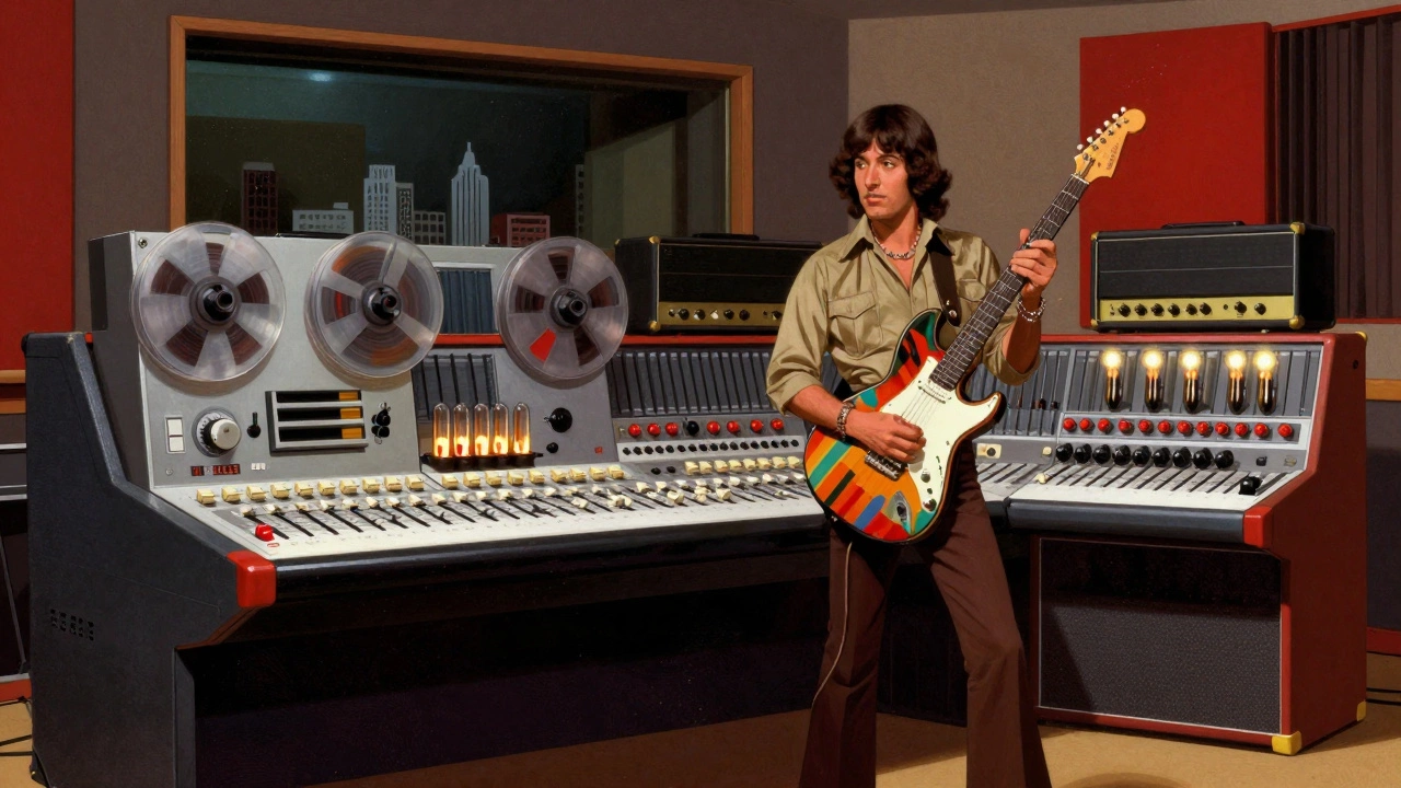 Retro illustration of a musician with custom guitar beside Marshall amps in a studio.