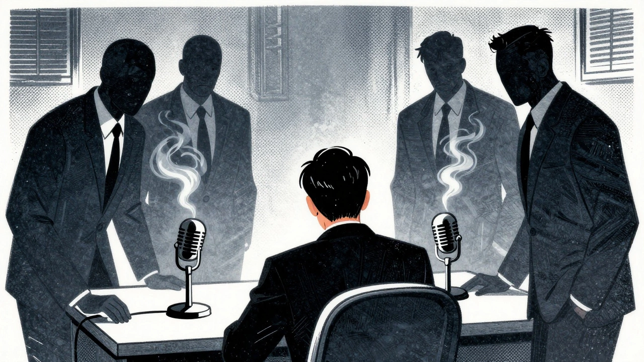 Retro illustration of shadowy figures confronting each other in a smoky office.