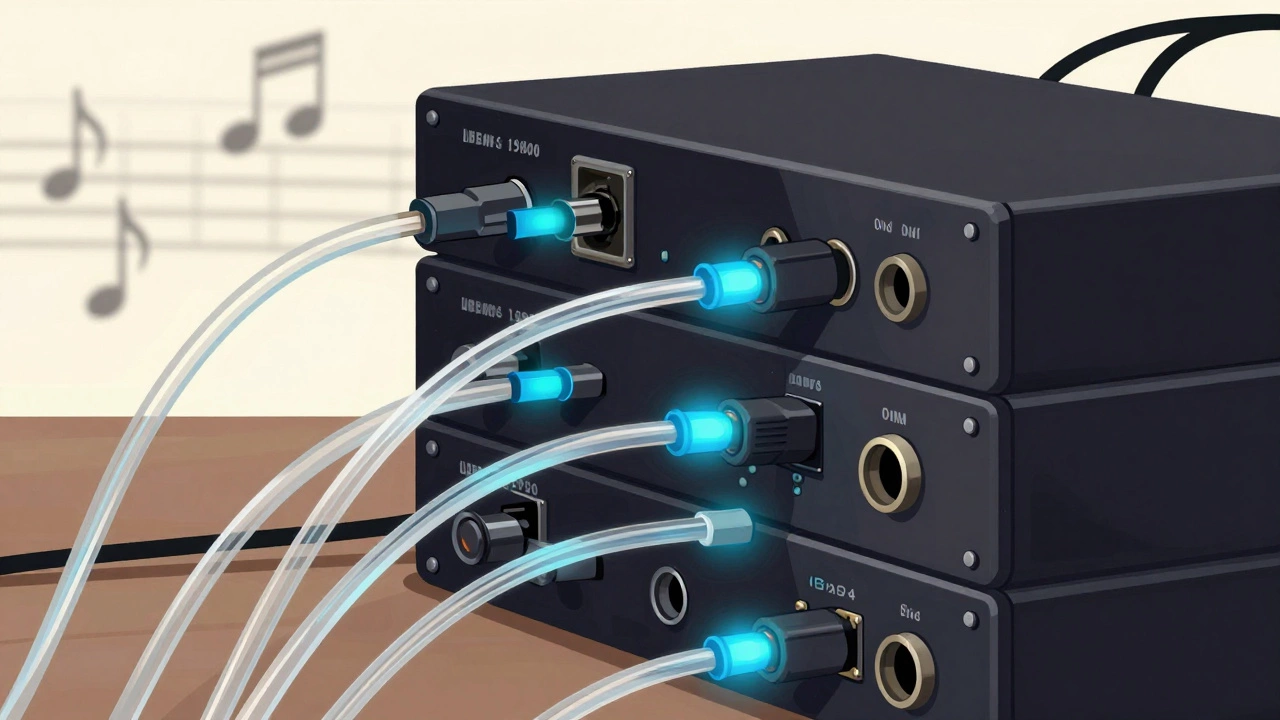 Retro style artwork showing multiple black audio devices linked together by thin glowing optical fiber connection cables.