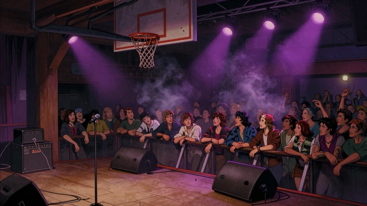Rock club interior with stage and audience.