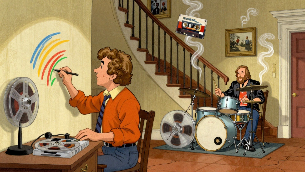 Roy Thomas Baker painting vocal harmonies as color strokes while Steve Lillywhite records drums in a stairwell with swirling sound waves.