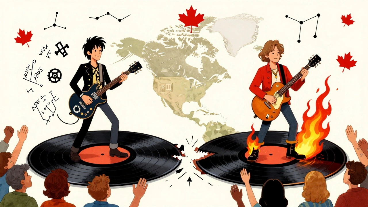 Rush and Neil Young as iconic figures on opposing sides of a giant vinyl record dividing North America, fans cheering below.