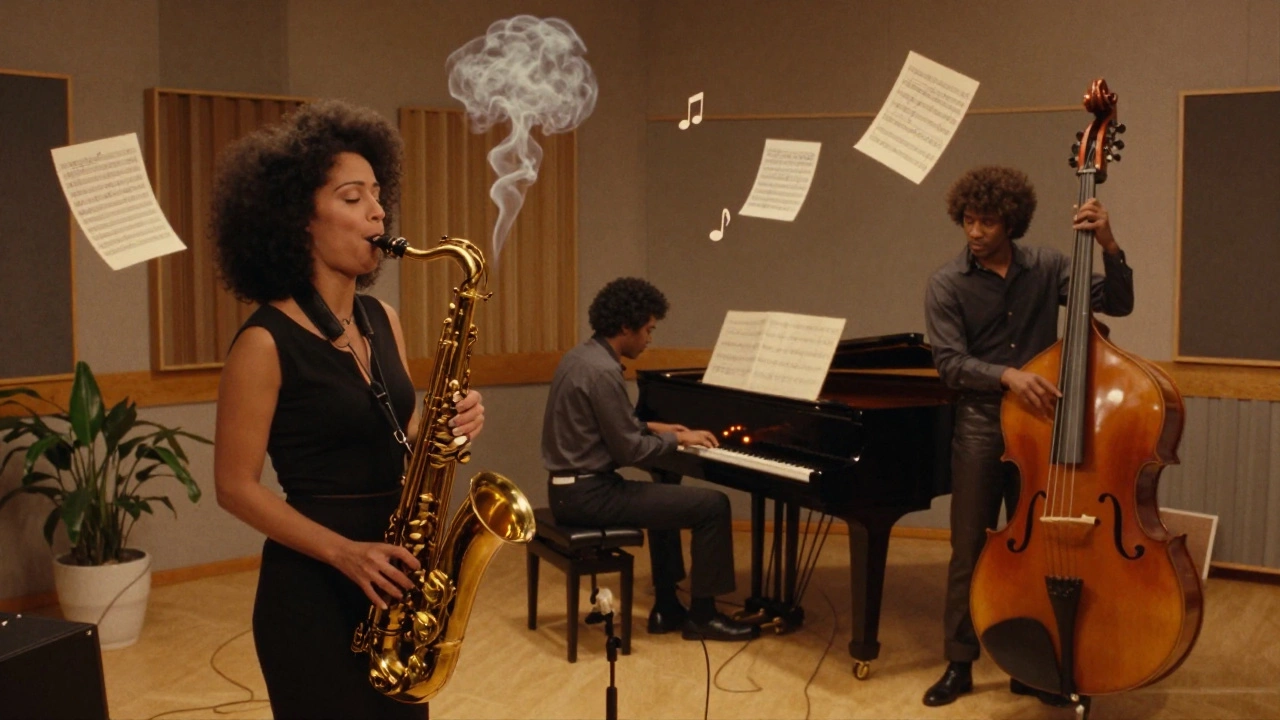 Sade and her band in a quiet studio, instruments glowing with warm light, no wires or electronics.