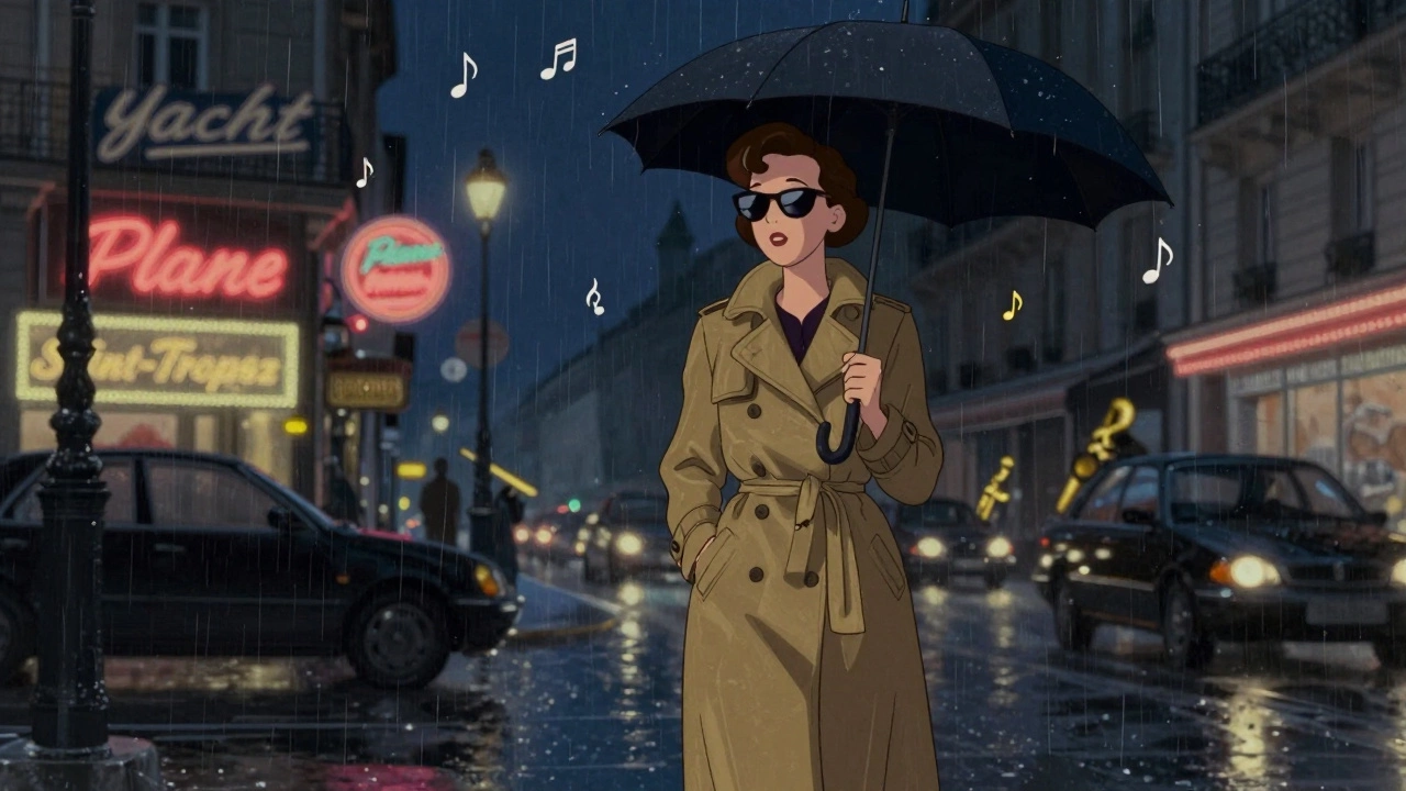 Sade walking through a rainy Paris street, musical notes reflecting luxury in her sunglasses.