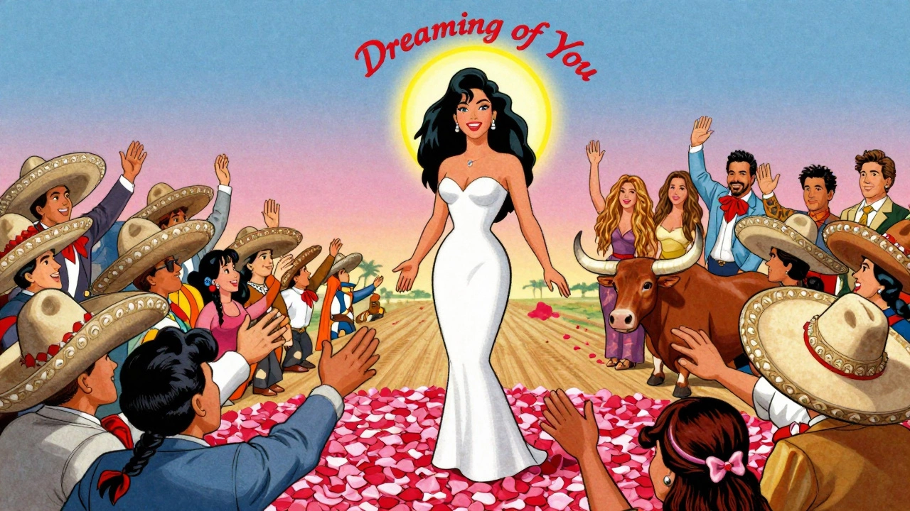 Selena stands glowing on stage, fans reaching toward her as her album floats above like a halo.