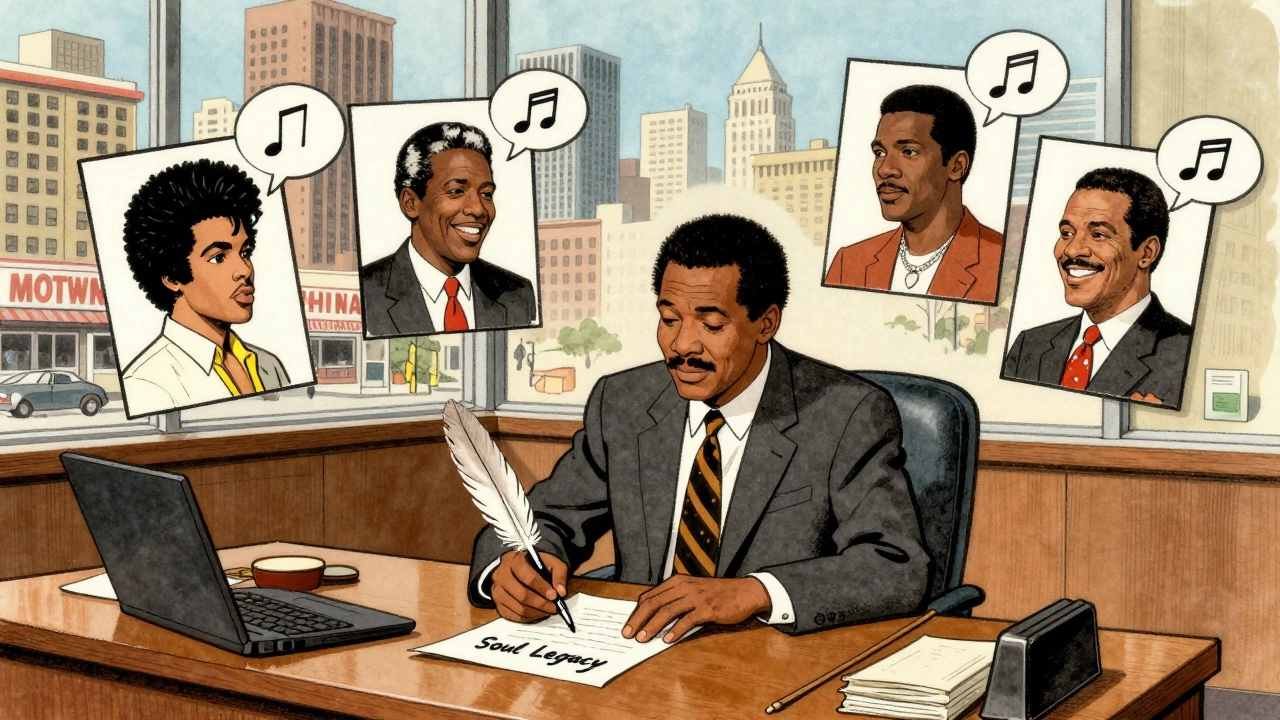 Smokey Robinson in a Motown boardroom surrounded by portraits of artists he influenced.