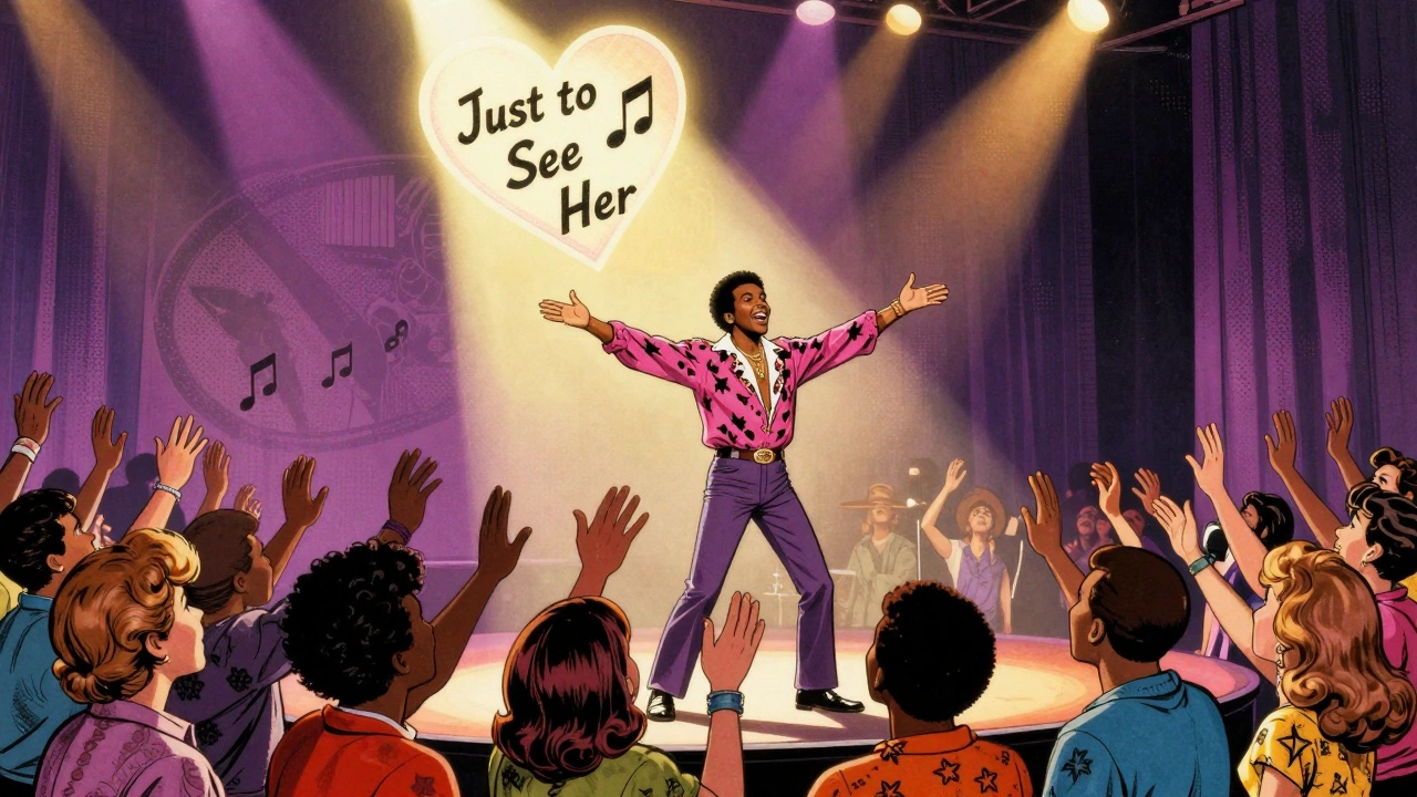 Smokey Robinson performing on stage with a heart-shaped spotlight and fans reaching toward him.