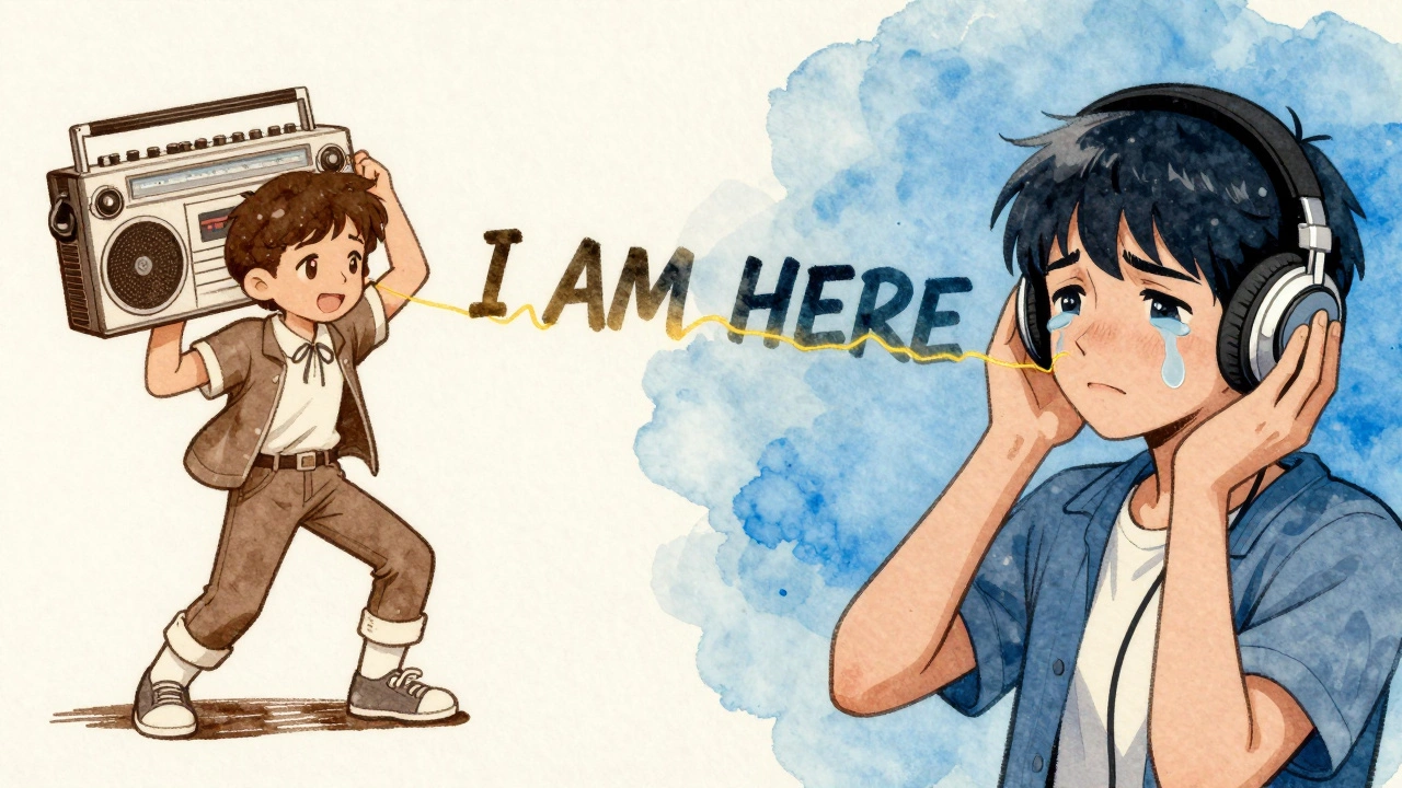 Split-panel cartoon showing a 1970s Bronx child and a modern Tokyo teen connected by sound waves spelling 'I AM HERE'.