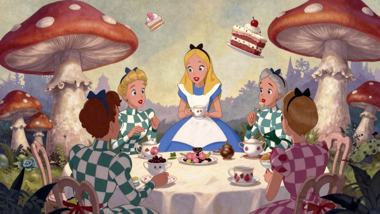 Surreal tea party with Alice characters and toadstools.
